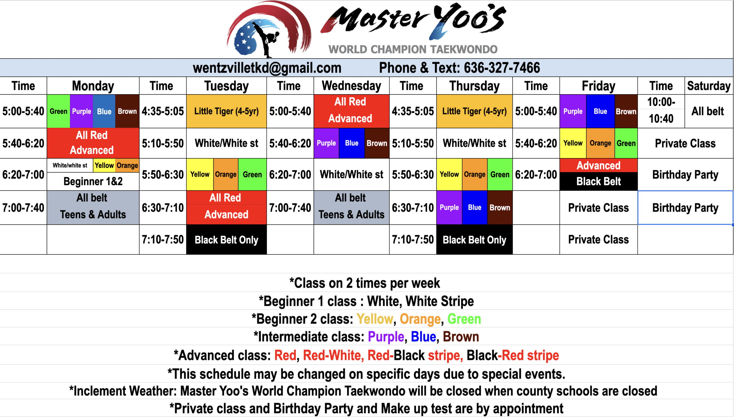 Master Yoo's World Champion Taekwondo Class Schedule